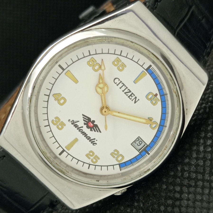 Vintage 1987 Citizen Automatic Mens Silver Watch WDaydate  Blue Accents